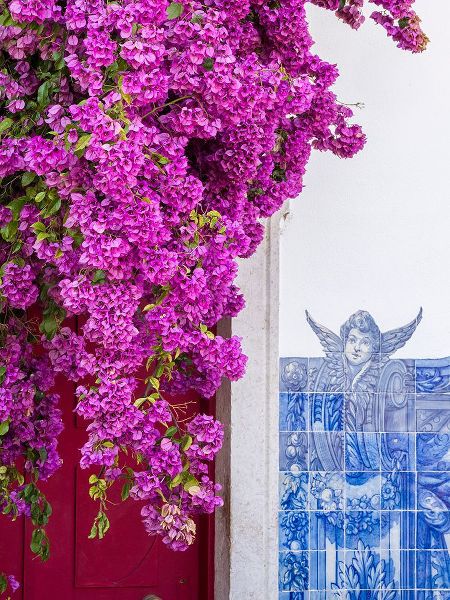 Eggers, Julie 아티스트의 Portugal-Lisbon-Pink flowers of Bougainvillea plant and historical building next to Miradouro de Sa작품입니다.